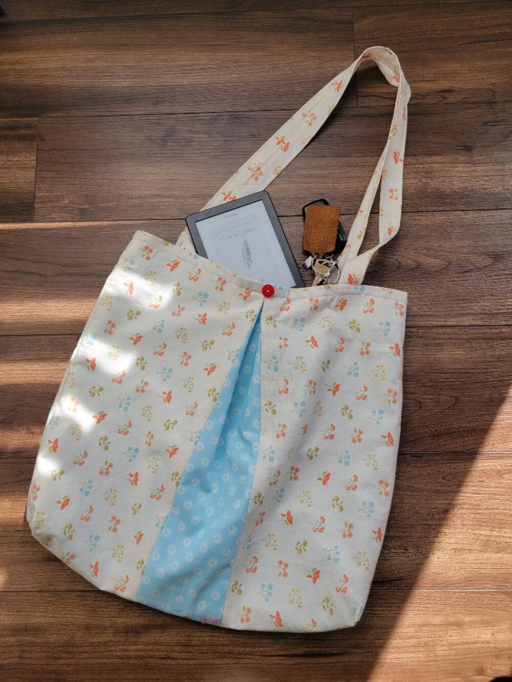 NEW handmade tote/market bag pleated contrasting fabric lined; blue orange flora